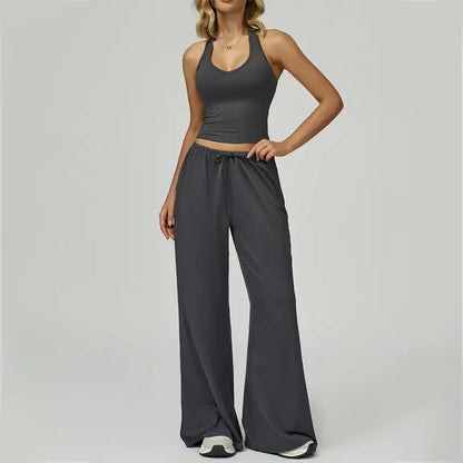 Women's Summer V Neck Top & Wide Leg Pants Set