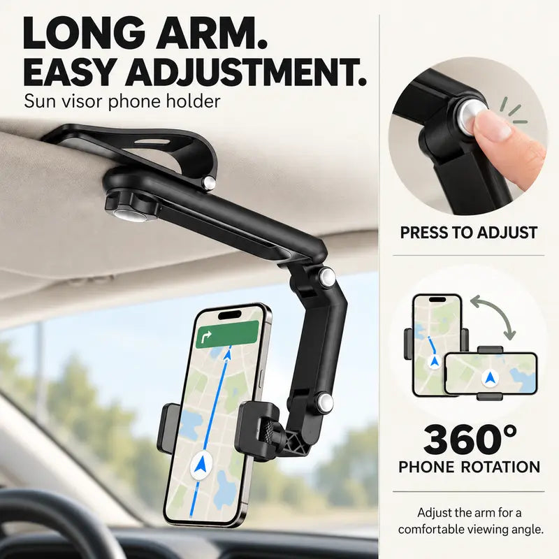 🚗 360° Rotating Car Sun Visor Phone Holder – Foldable & Adjustable Hands-Free Phone Mount