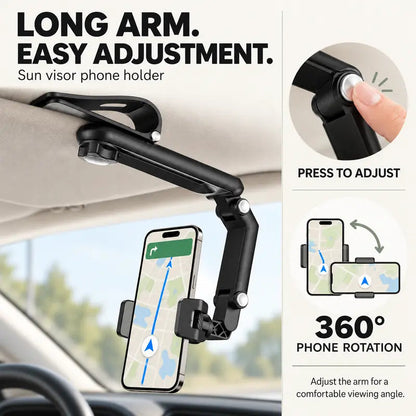 🚗 360° Rotating Car Sun Visor Phone Holder – Foldable & Adjustable Hands-Free Phone Mount