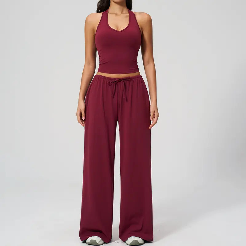 Women's Summer V Neck Top & Wide Leg Pants Set