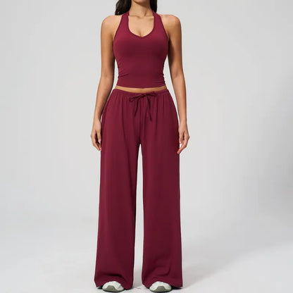 Women's Summer V Neck Top & Wide Leg Pants Set