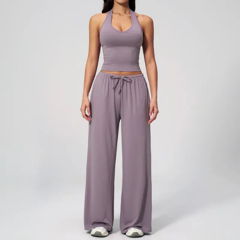 Women's Summer V Neck Top & Wide Leg Pants Set