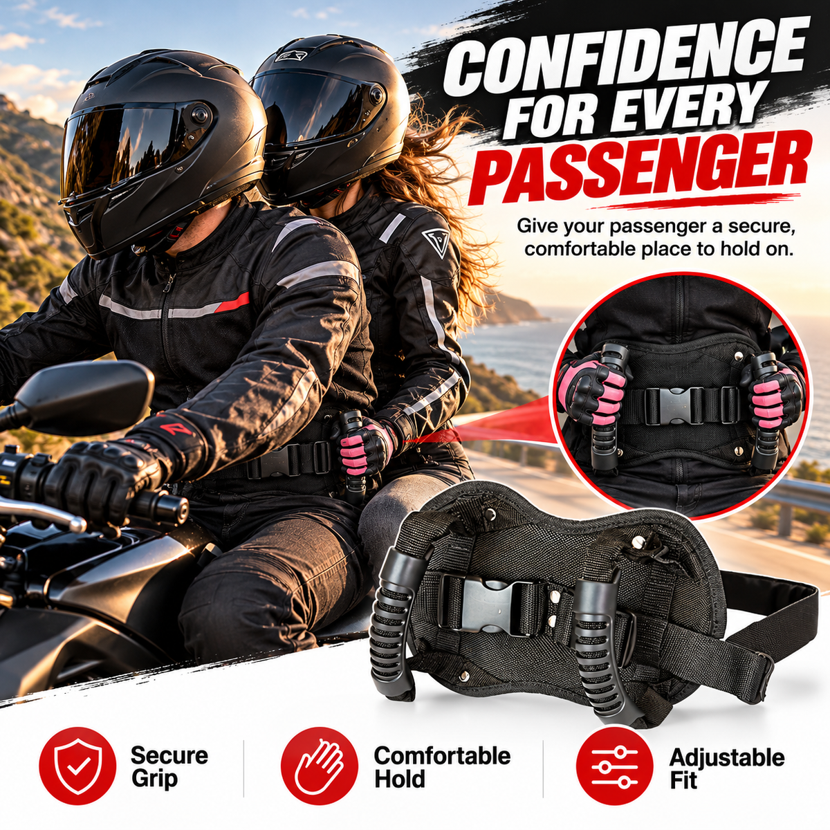 🏍️ Motorcycle Passenger Grab Handle Belt – Rear Seat Safety Grip Strap For Two Riders