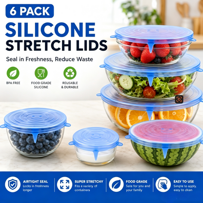 🥗 6-Pack Silicone Stretch Lids – Reusable♻️, BPA-Free & Leak-Proof Covers for Bowls, Pots, Cups & Fruits