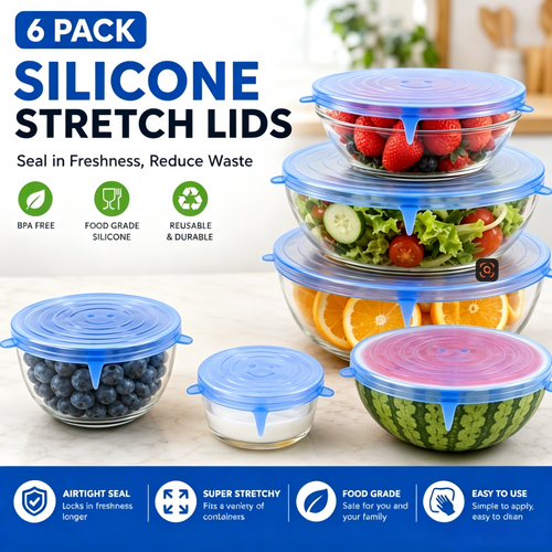 🥗 6-Pack Silicone Stretch Lids – Reusable♻️, BPA-Free & Leak-Proof Covers for Bowls, Pots, Cups & Fruits