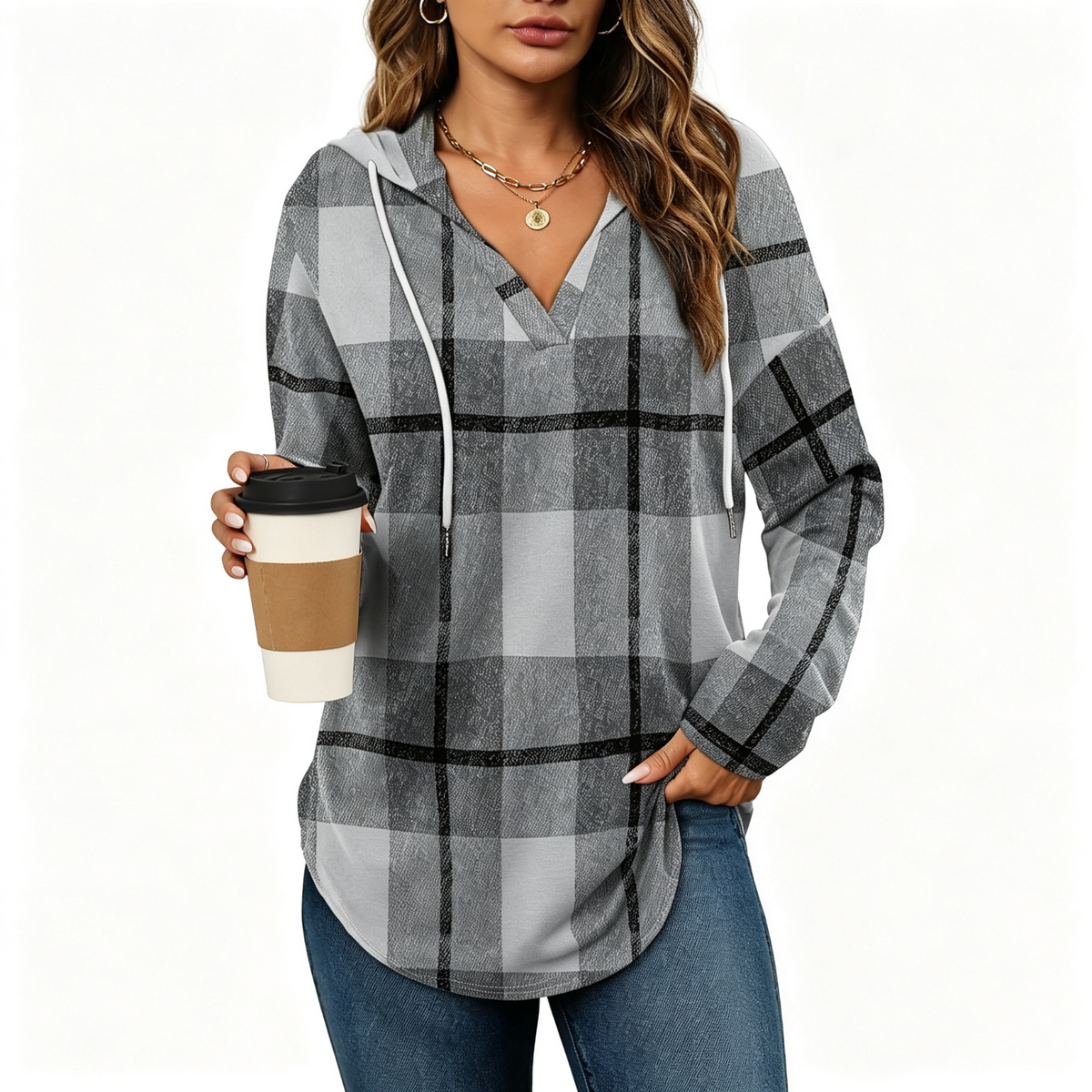 💕49% OFF 🍂Cozy V-Neck Hooded Tunic Top | 🧥 Long Sleeve Curved Hem Sweatshirt for Women