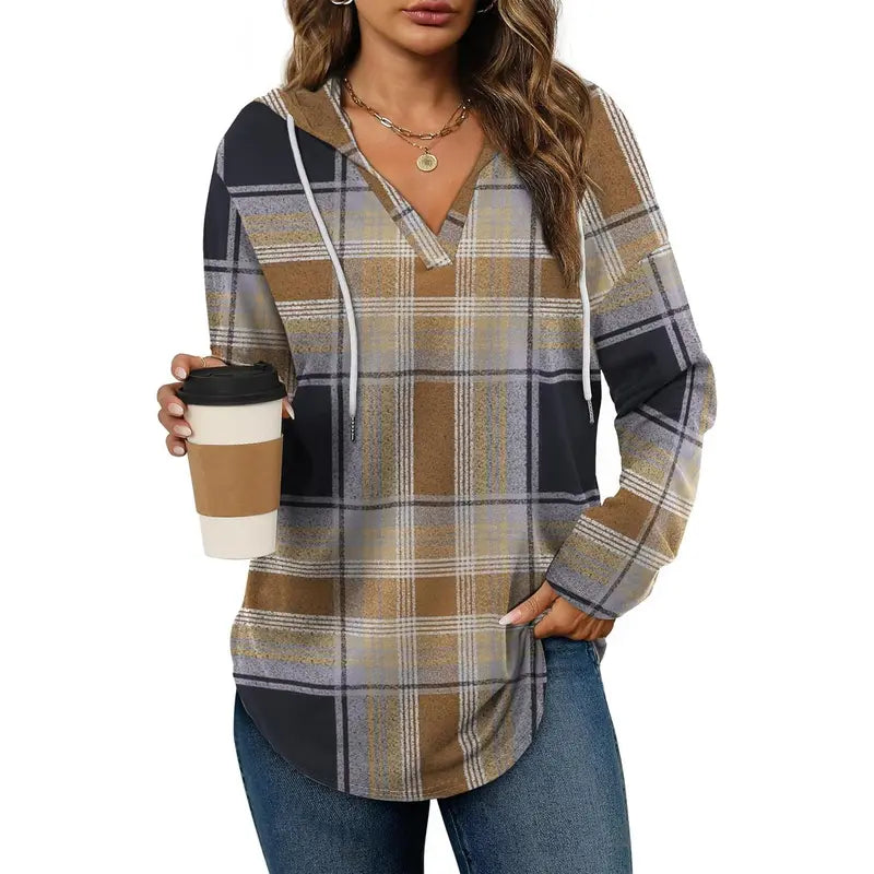 💕49% OFF 🍂Cozy V-Neck Hooded Tunic Top | 🧥 Long Sleeve Curved Hem Sweatshirt for Women