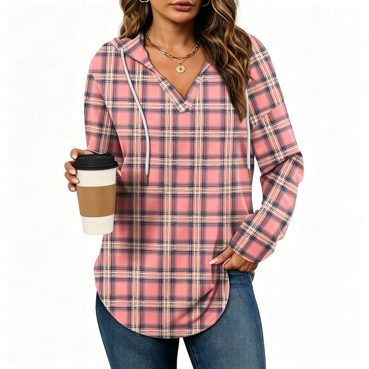💕49% OFF 🍂Cozy V-Neck Hooded Tunic Top | 🧥 Long Sleeve Curved Hem Sweatshirt for Women