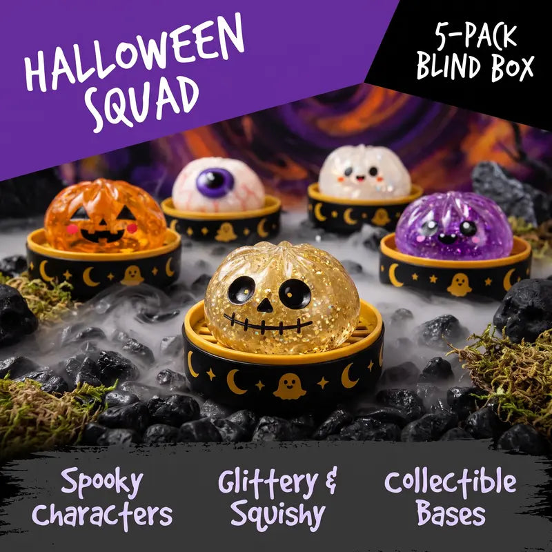 🎃 Halloween Steamed Bun Squishy Toy Set ✨Slow Rising Stress Relief Fidget Toy with Steamer Base