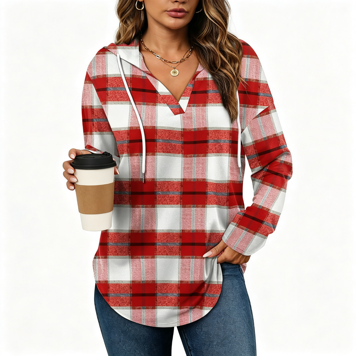 💕49% OFF 🍂Cozy V-Neck Hooded Tunic Top | 🧥 Long Sleeve Curved Hem Sweatshirt for Women