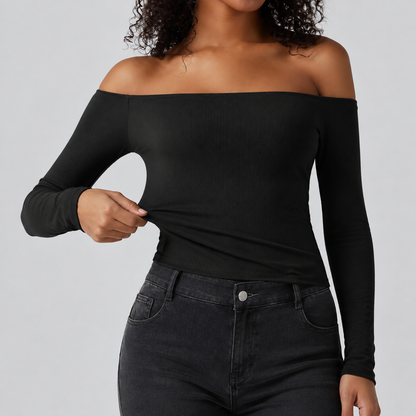 💕Hot sale 49% OFF💖Women’s Off Shoulder Long Sleeve Top | Built-In Bra Fitted Shirt
