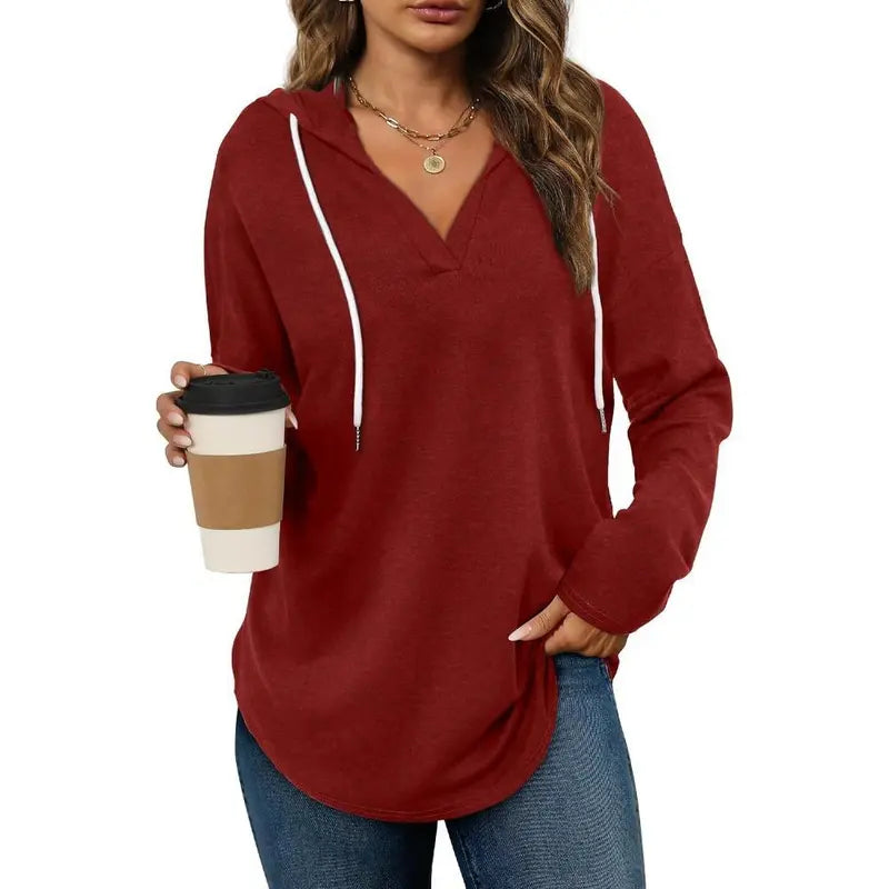 💕49% OFF 🍂Cozy V-Neck Hooded Tunic Top | 🧥 Long Sleeve Curved Hem Sweatshirt for Women