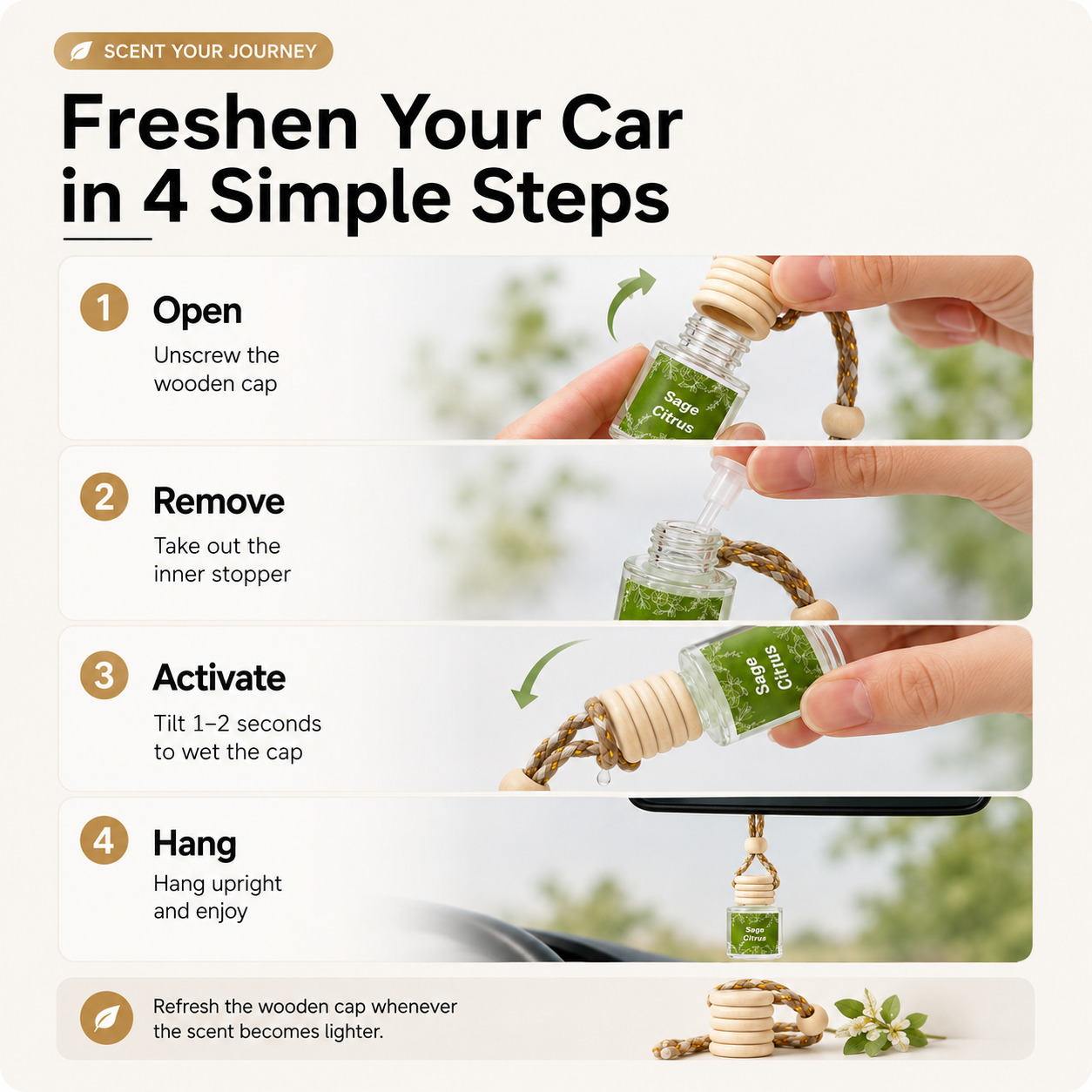 🔥HOT SALES✨2PCS Mini Hanging Car Diffuse🍃Wooden Cap Air Freshener