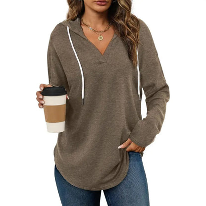 💕49% OFF 🍂Cozy V-Neck Hooded Tunic Top | 🧥 Long Sleeve Curved Hem Sweatshirt for Women