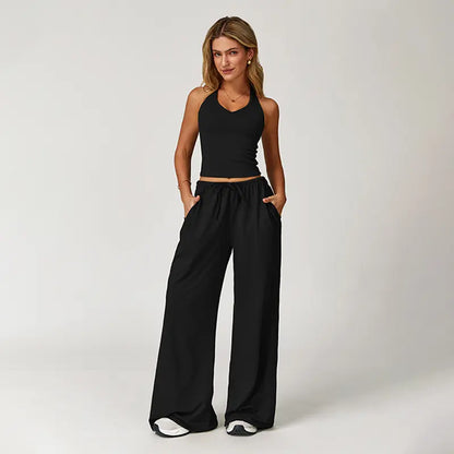 Women's Summer V Neck Top & Wide Leg Pants Set