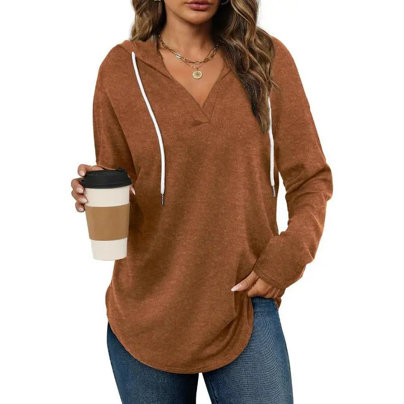 💕49% OFF 🍂Cozy V-Neck Hooded Tunic Top | 🧥 Long Sleeve Curved Hem Sweatshirt for Women