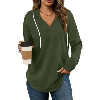 💕49% OFF 🍂Cozy V-Neck Hooded Tunic Top | 🧥 Long Sleeve Curved Hem Sweatshirt for Women