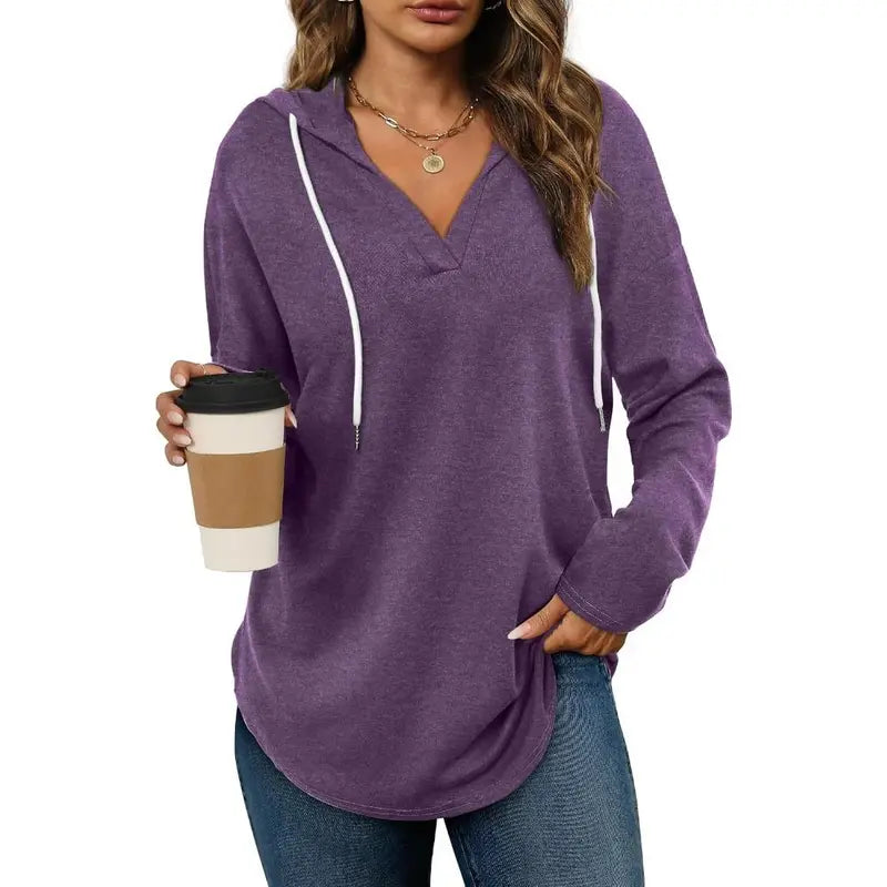 💕49% OFF 🍂Cozy V-Neck Hooded Tunic Top | 🧥 Long Sleeve Curved Hem Sweatshirt for Women