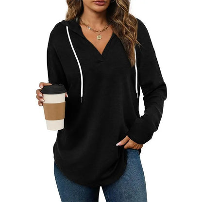 💕49% OFF 🍂Cozy V-Neck Hooded Tunic Top | 🧥 Long Sleeve Curved Hem Sweatshirt for Women