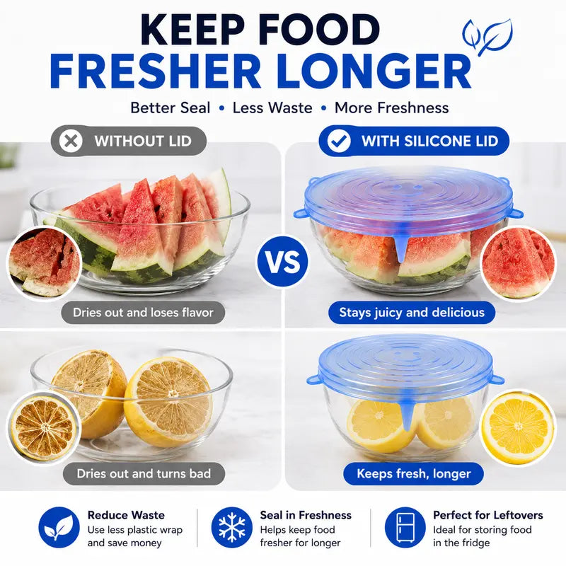 🥗 6-Pack Silicone Stretch Lids – Reusable♻️, BPA-Free & Leak-Proof Covers for Bowls, Pots, Cups & Fruits
