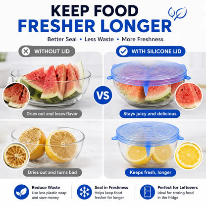 🥗 6-Pack Silicone Stretch Lids – Reusable♻️, BPA-Free & Leak-Proof Covers for Bowls, Pots, Cups & Fruits
