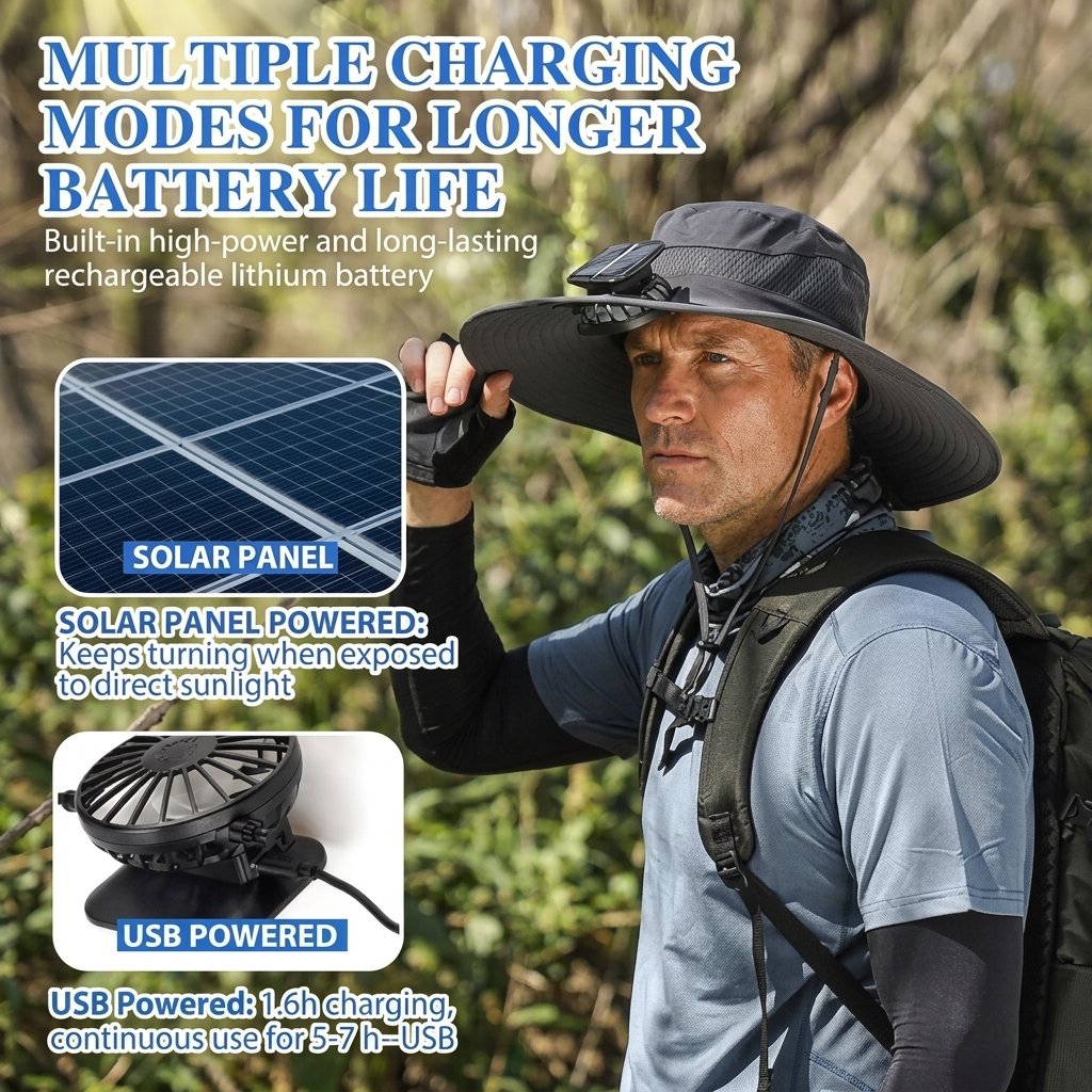 🔥Last Day Sale 49% -Wide Brim Solar Fan Outdoor Fishing Hat-Solar & USB Charging