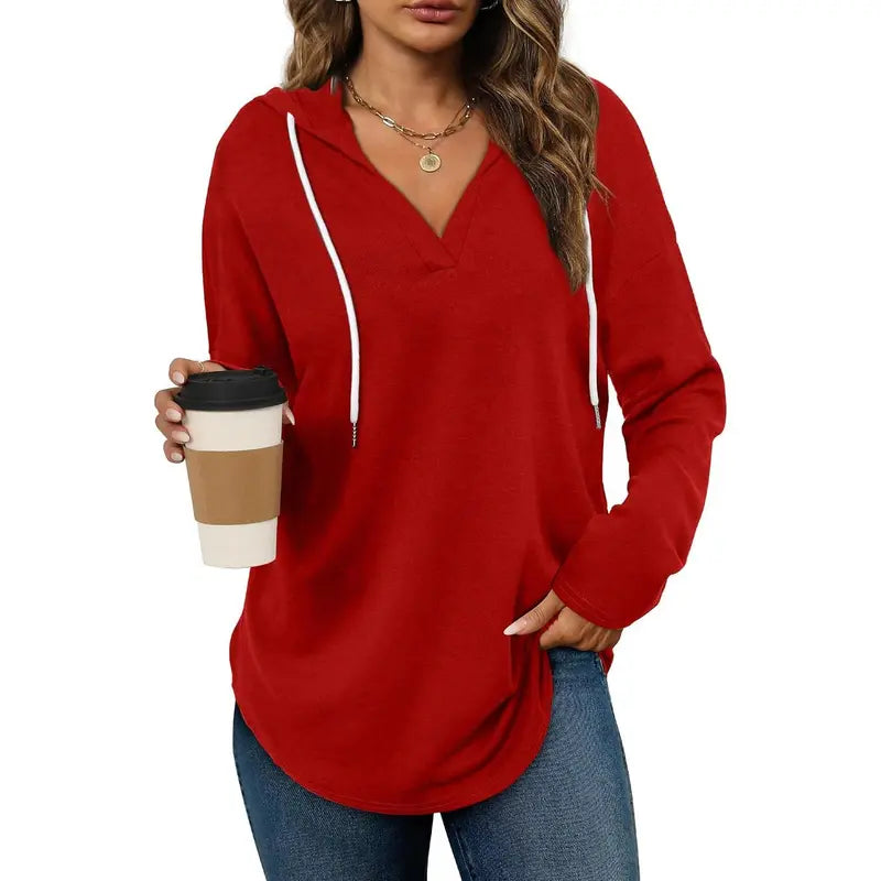 💕49% OFF 🍂Cozy V-Neck Hooded Tunic Top | 🧥 Long Sleeve Curved Hem Sweatshirt for Women