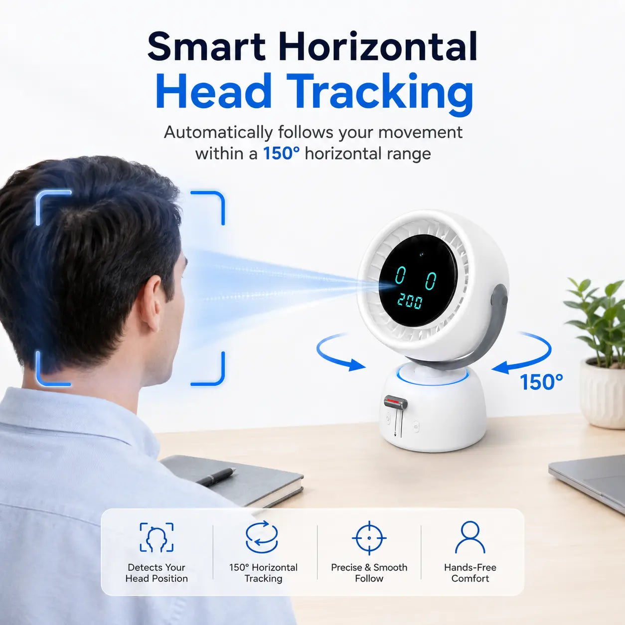 🌀Smart Head Tracking Fan ✨ Rechargeable 200-Speed Personal Cooling Fan with Ambient Light