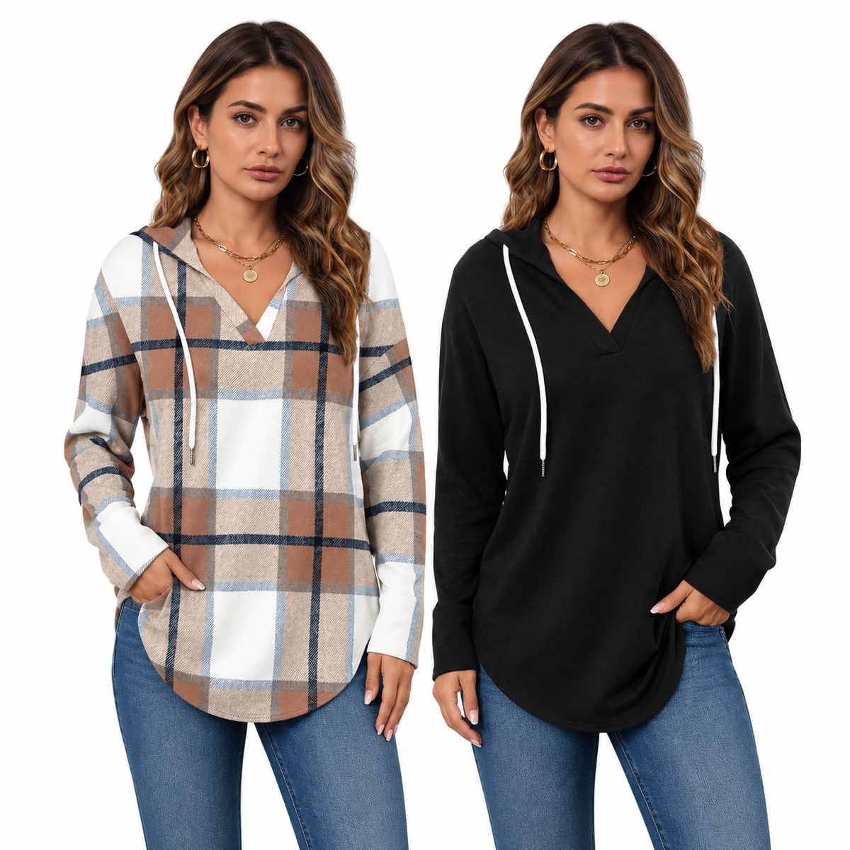 💕49% OFF 🍂Cozy V-Neck Hooded Tunic Top | 🧥 Long Sleeve Curved Hem Sweatshirt for Women