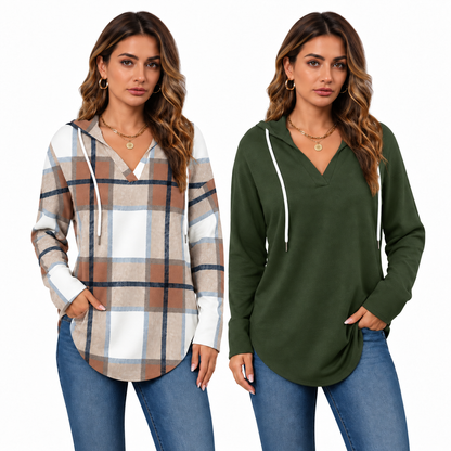💕49% OFF 🍂Cozy V-Neck Hooded Tunic Top | 🧥 Long Sleeve Curved Hem Sweatshirt for Women