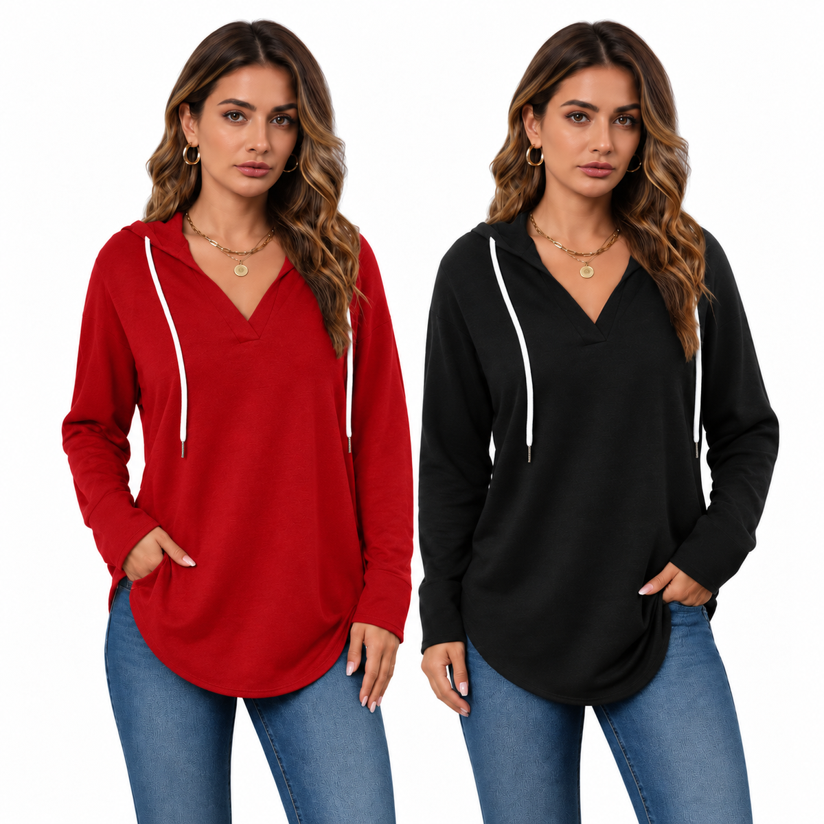 💕49% OFF 🍂Cozy V-Neck Hooded Tunic Top | 🧥 Long Sleeve Curved Hem Sweatshirt for Women