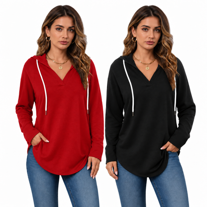💕49% OFF 🍂Cozy V-Neck Hooded Tunic Top | 🧥 Long Sleeve Curved Hem Sweatshirt for Women