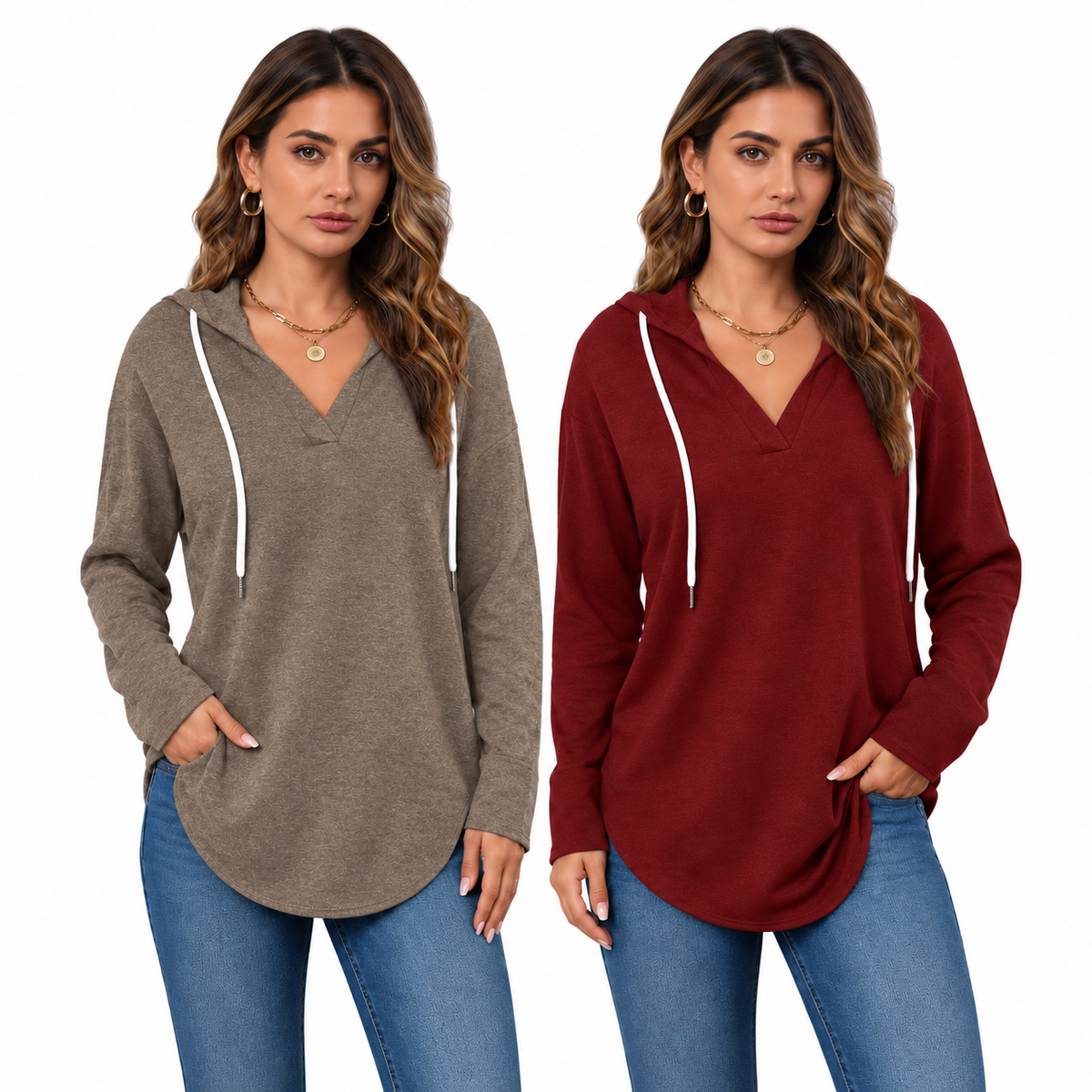💕49% OFF 🍂Cozy V-Neck Hooded Tunic Top | 🧥 Long Sleeve Curved Hem Sweatshirt for Women