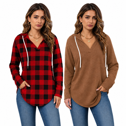 💕49% OFF 🍂Cozy V-Neck Hooded Tunic Top | 🧥 Long Sleeve Curved Hem Sweatshirt for Women