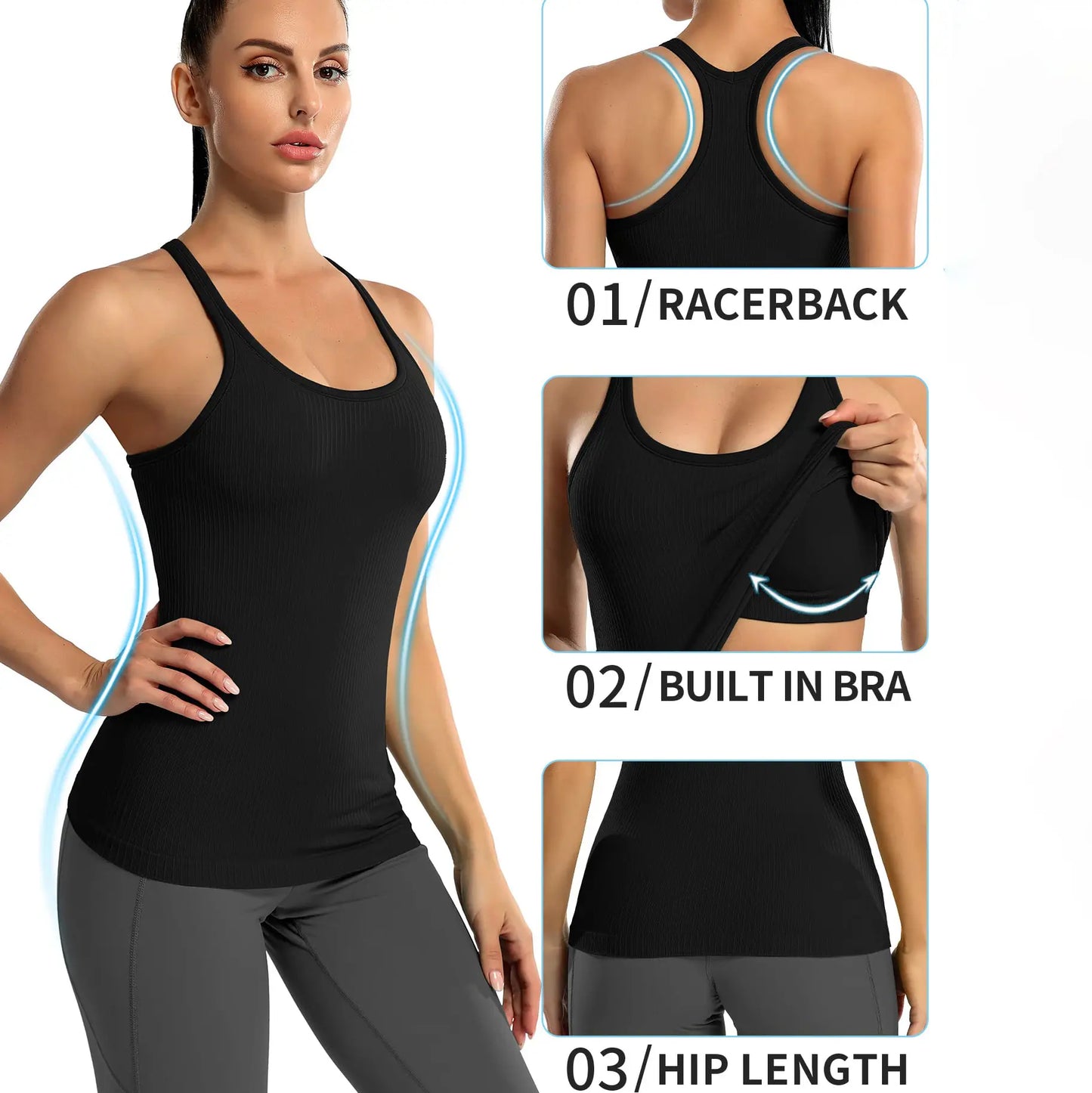 ✨🔥Ribbed Workout Tank Top with Built-In Bra