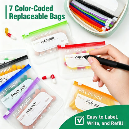 🔥 49% OFF | Waterproof Pill Organizer Binder – 14 Reusable Color-Coded Travel Pouches