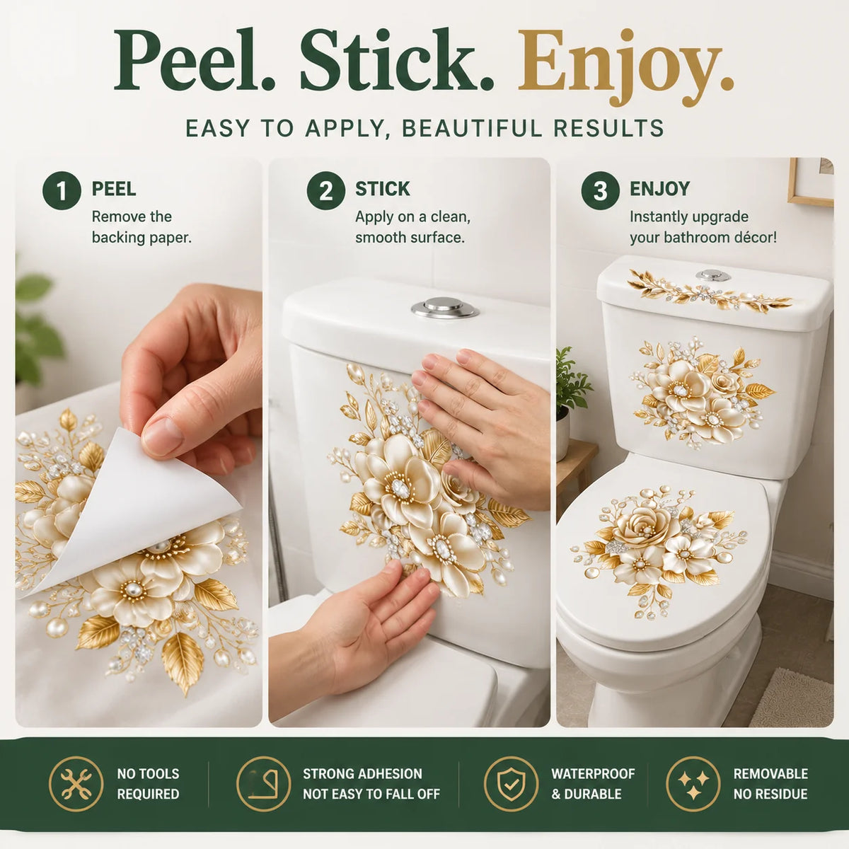 🔥 Limited-Time 49% OFF 🌸 Golden Floral Toilet Stickers – Pearl-Inspired Bathroom Decals
