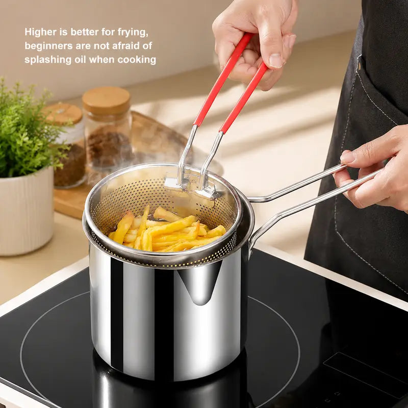 🔥Limited Time 49% OFF🍳 Oil‑Saving Deep Fry Pot, Stainless Steel Small Frying Pot with Strainer Basket & Food Clip