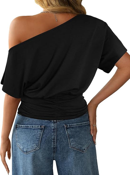 🎀✨Women Asymmetric One Off Shoulder Crop Top, Dolman Short Sleeve Ruched Waist Solid Slim Fit Tee