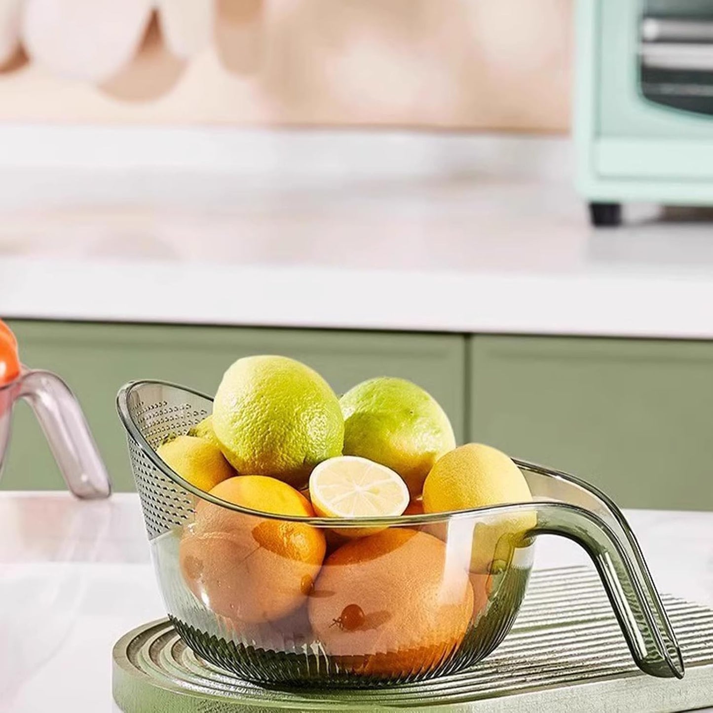 Aesthetic Multifunctional Rice Strainer with Handle - Sturdy BPA-Free Transparent Plastic Kitchen Utensils.