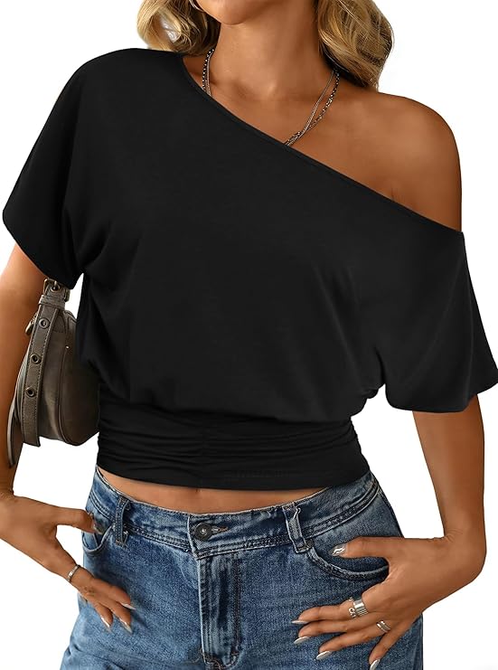 🎀✨Women Asymmetric One Off Shoulder Crop Top, Dolman Short Sleeve Ruched Waist Solid Slim Fit Tee