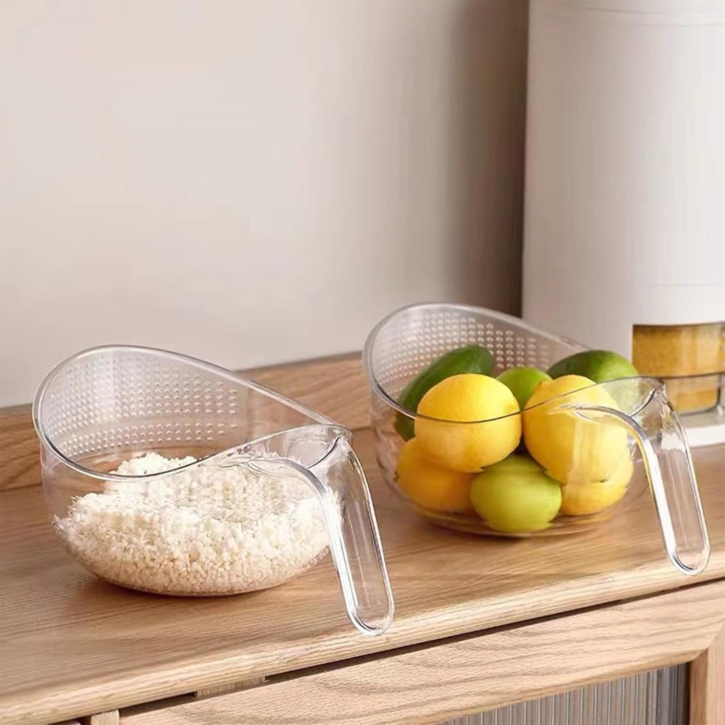 Aesthetic Multifunctional Rice Strainer with Handle - Sturdy BPA-Free Transparent Plastic Kitchen Utensils.