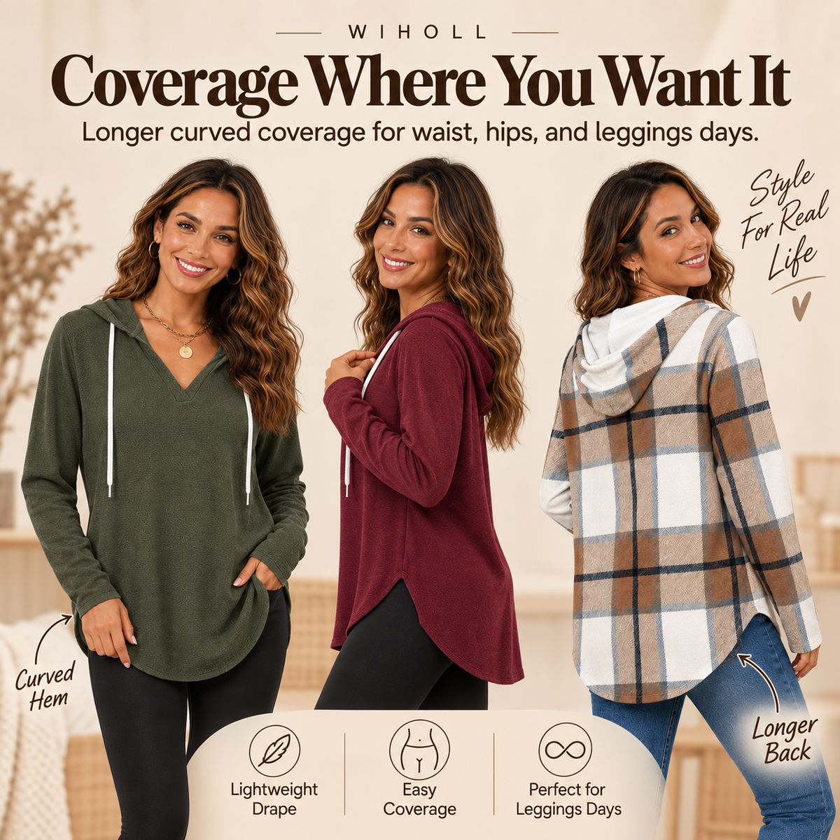 💕49% OFF 🍂Cozy V-Neck Hooded Tunic Top | 🧥 Long Sleeve Curved Hem Sweatshirt for Women