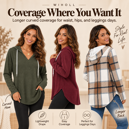 💕49% OFF 🍂Cozy V-Neck Hooded Tunic Top | 🧥 Long Sleeve Curved Hem Sweatshirt for Women