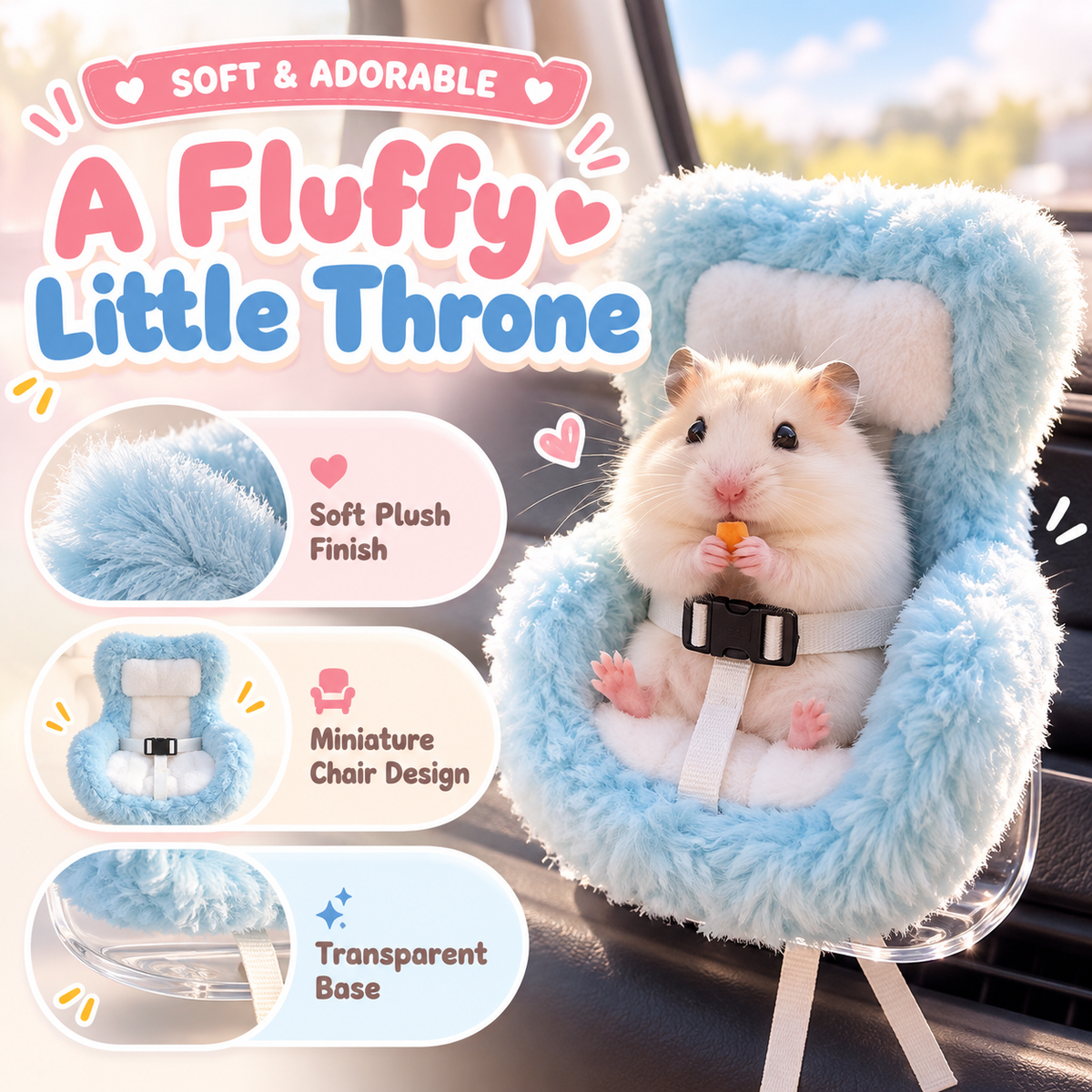 🐹 Mini Hamster Car Seat – Cute Fluffy Car Vent Holder & Doll Display Chair