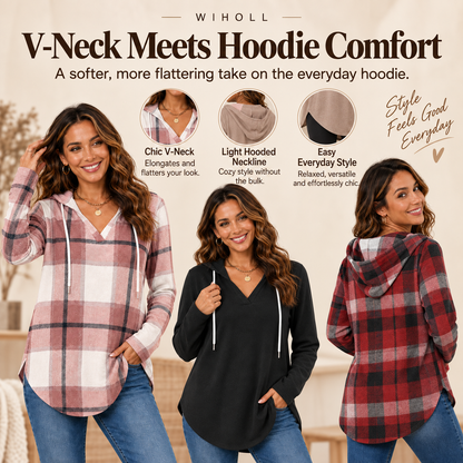💕49% OFF 🍂Cozy V-Neck Hooded Tunic Top | 🧥 Long Sleeve Curved Hem Sweatshirt for Women