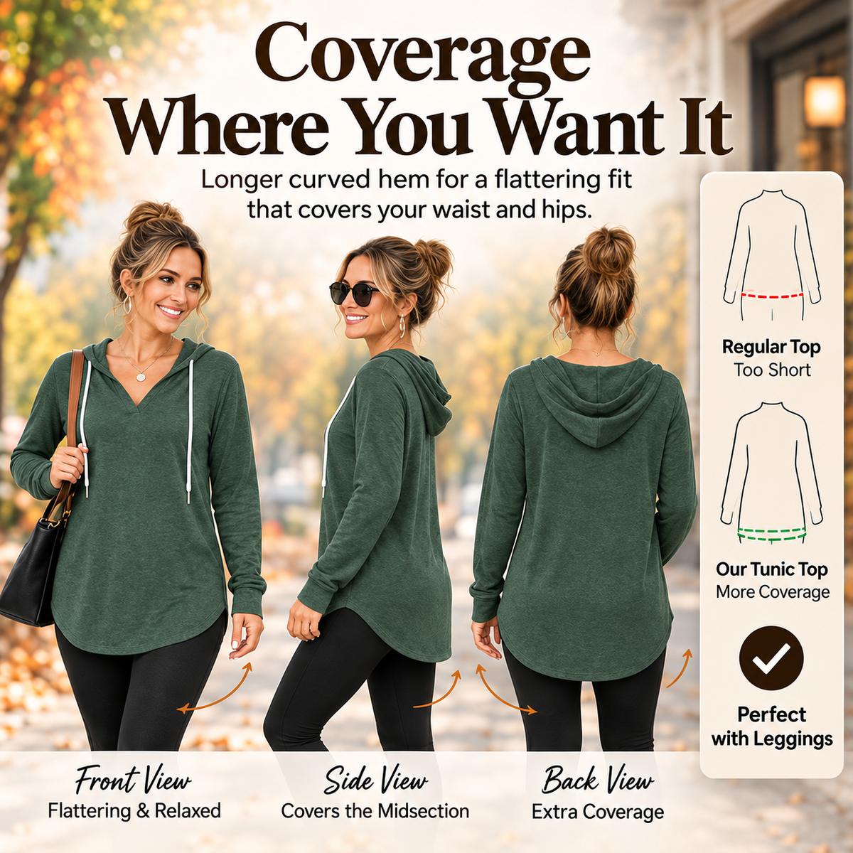 💕49% OFF 🍂Cozy V-Neck Hooded Tunic Top | 🧥 Long Sleeve Curved Hem Sweatshirt for Women