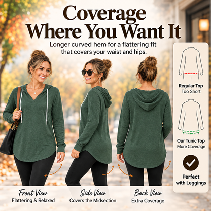 💕49% OFF 🍂Cozy V-Neck Hooded Tunic Top | 🧥 Long Sleeve Curved Hem Sweatshirt for Women