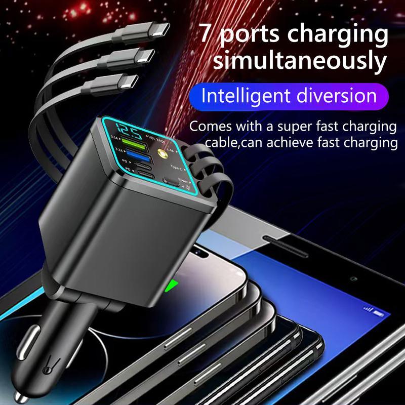 7-in-1 ✨120W Fast Car Charger with Star Projector, Retractable Cable Multi Port Car Charger PD Quick Charge