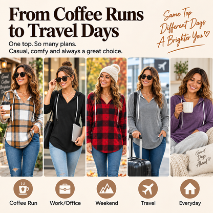 💕49% OFF 🍂Cozy V-Neck Hooded Tunic Top | 🧥 Long Sleeve Curved Hem Sweatshirt for Women